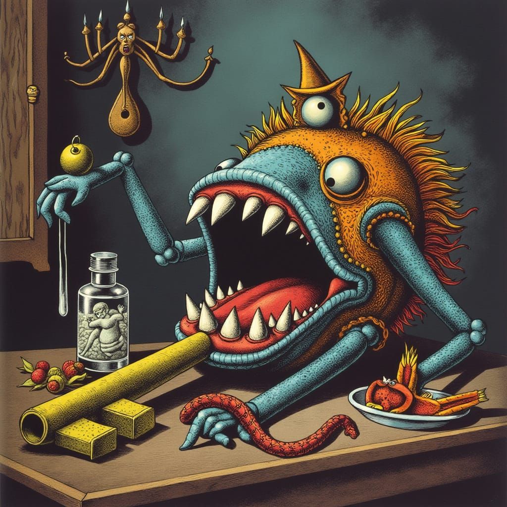 Vibrant Magical Key with Teeth on a Table