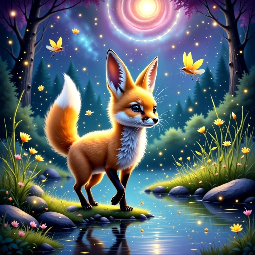A single (fennec fox:1.1) with (detailed fur) walking through an (enchanted forest:0.6) next to a (river:0.7),((vibrant)...