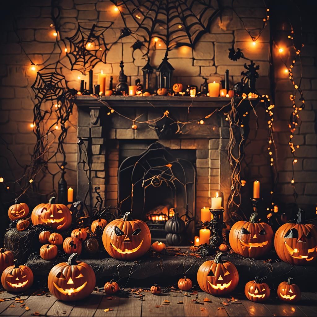 Halloween Fireplace with Glimmering Jack-o-Lanterns