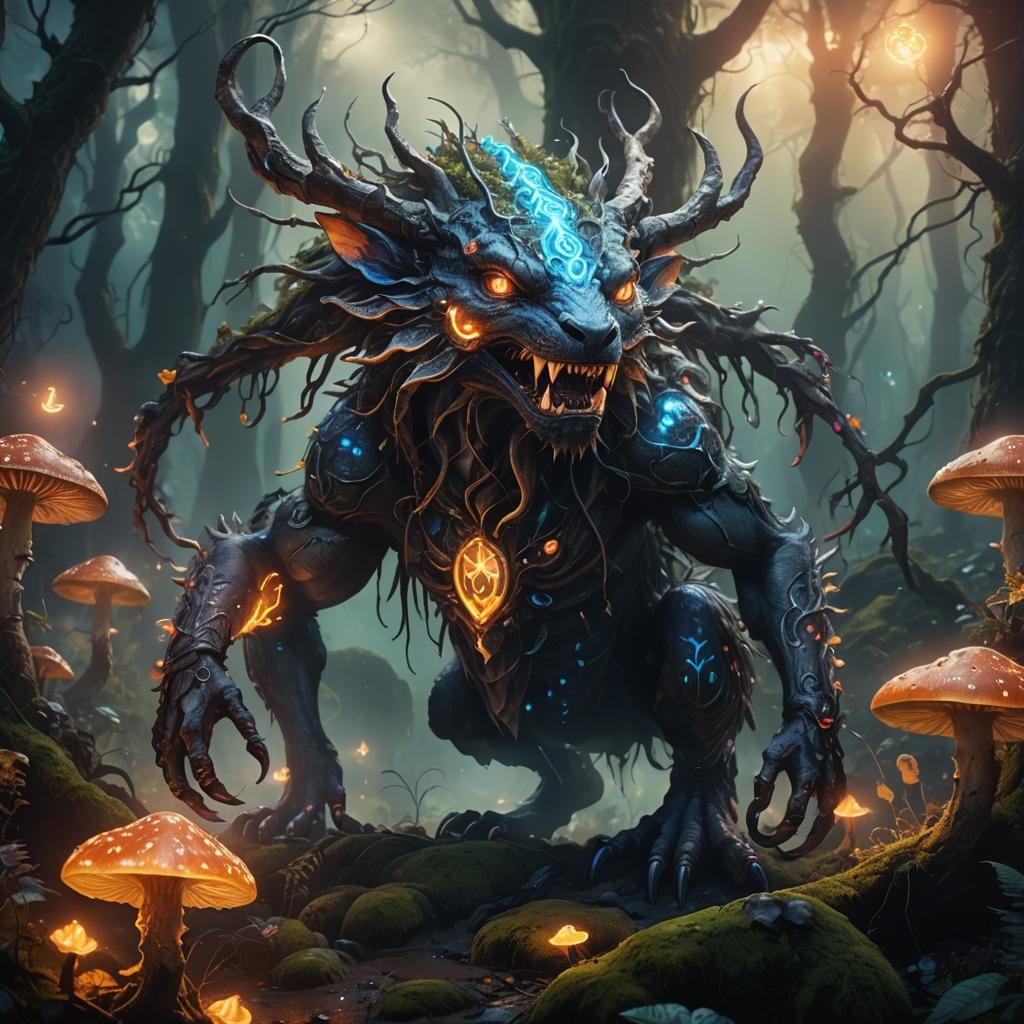 Mystical Creature Interacts with Glowing Runes