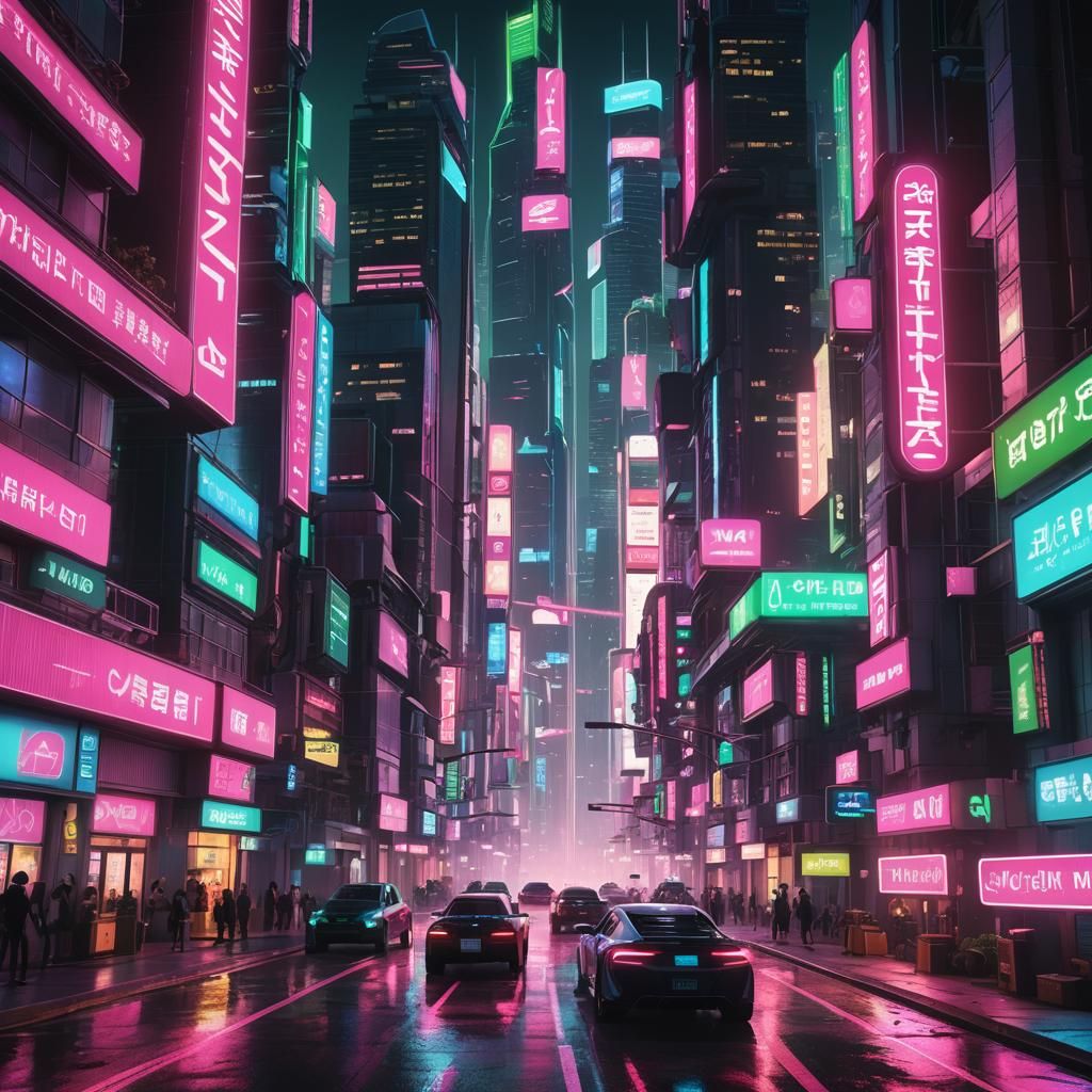 Neon-Noir Futuristic Cityscape in 3D Game Style