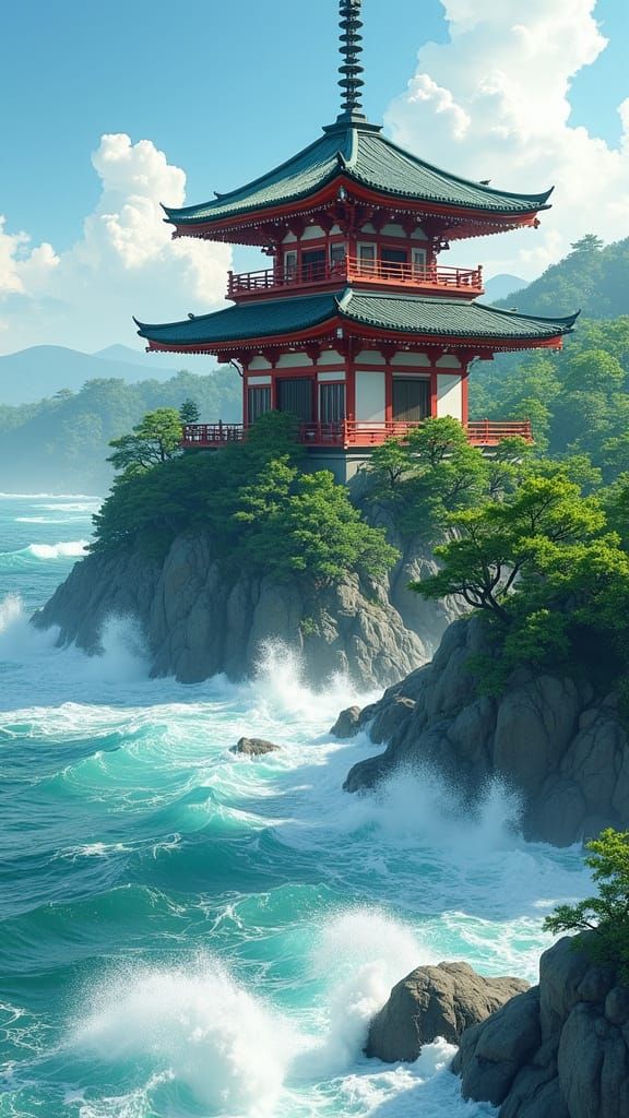 Japanese Temple Engulfed by Wave in Claymation Style