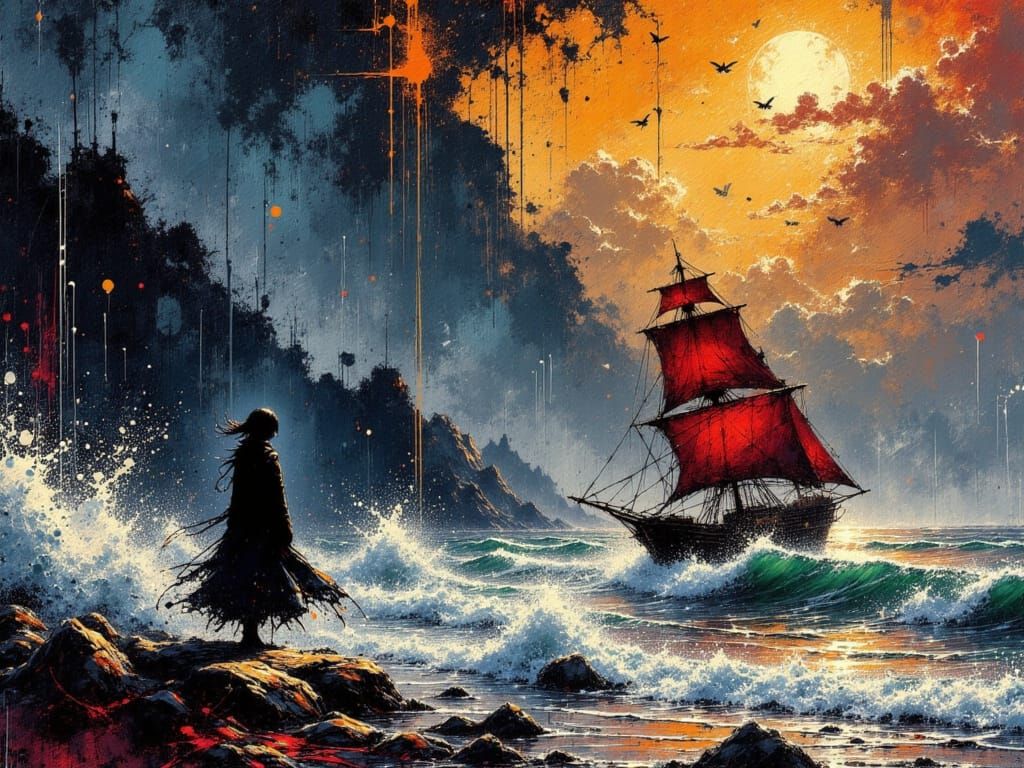 Dramatic Seascape with Ship in Ink Art Style