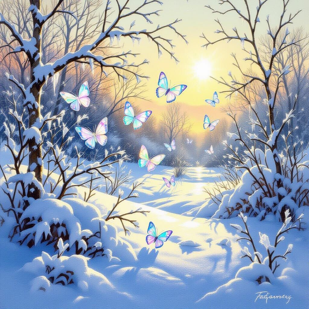 Crystal Butterflies in Sunlit Winter Landscape