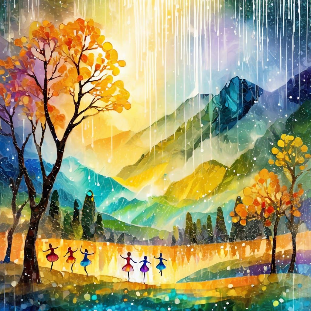 Rain Dancers in Impressionist Landscape