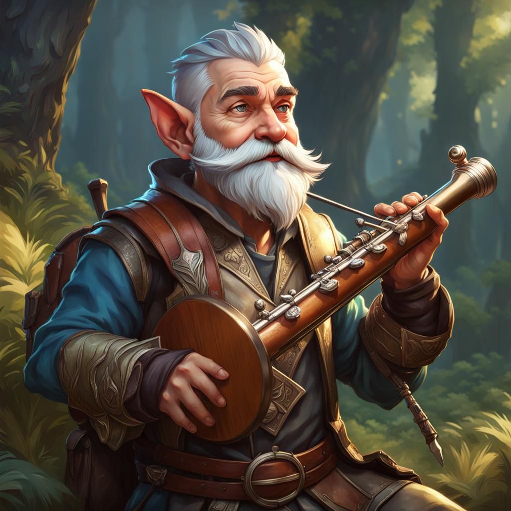 Gnome Bard Portrait Playing Flute in Fantasy Style