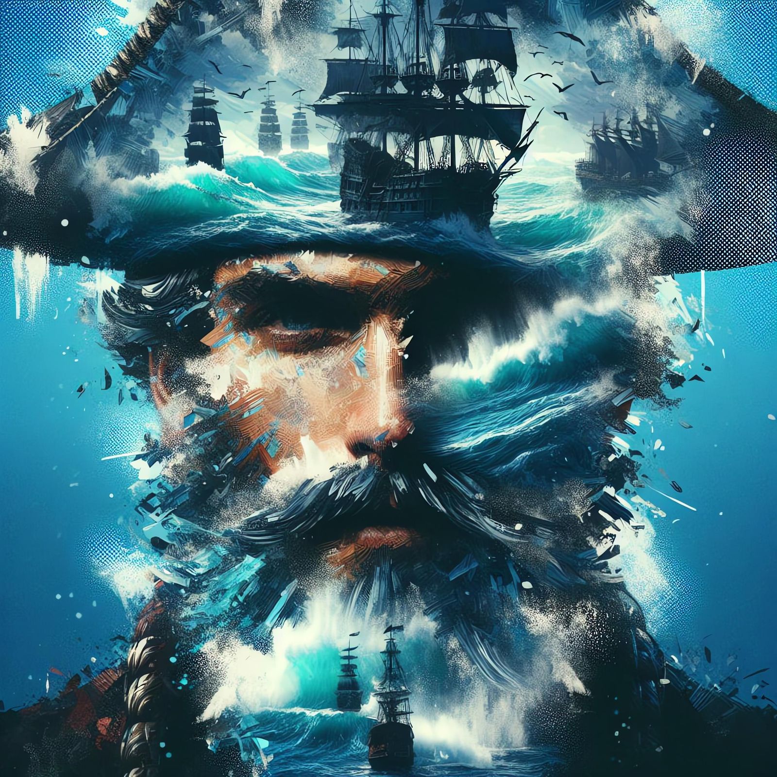 Pirate Captain Double Exposure in Manhwa Style