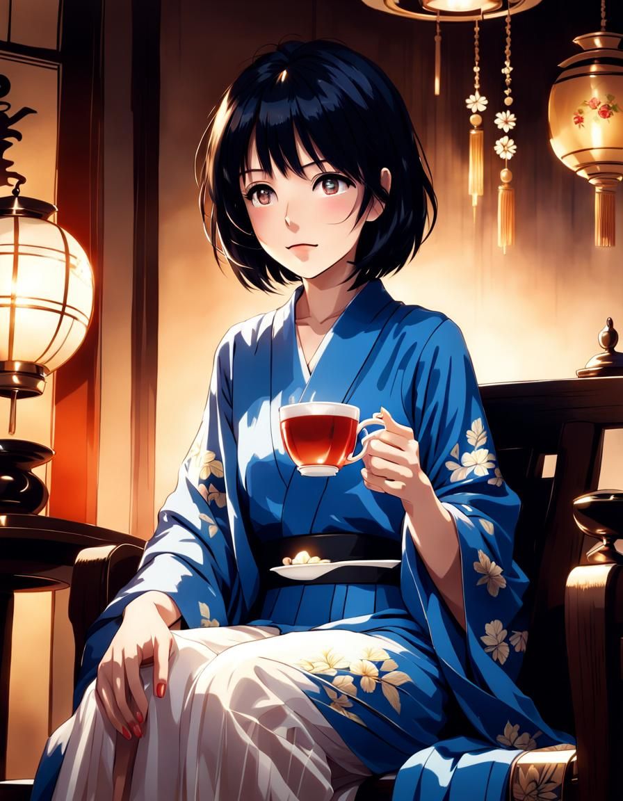 Anime Girl in Kimono with Tea Cup