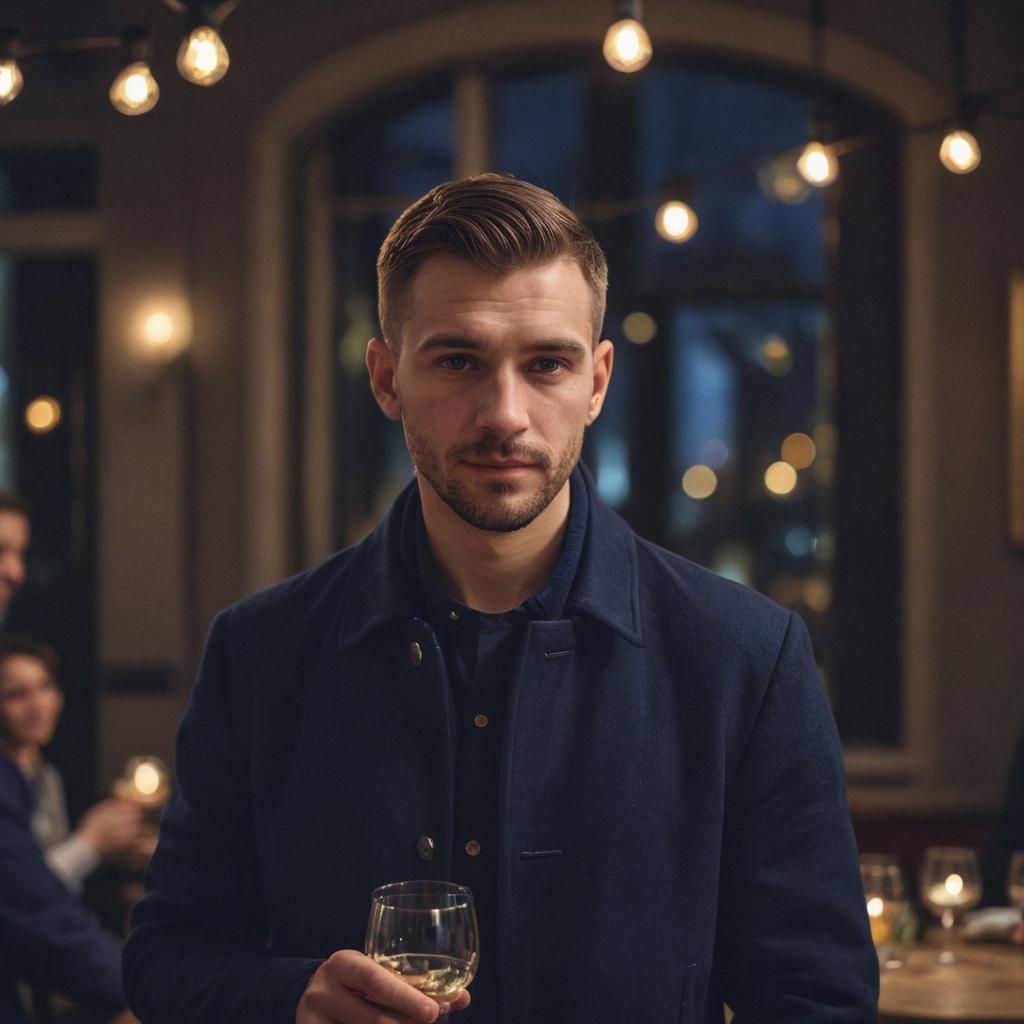 Photorealistic Portrait of Slavic Man Toasting Friends