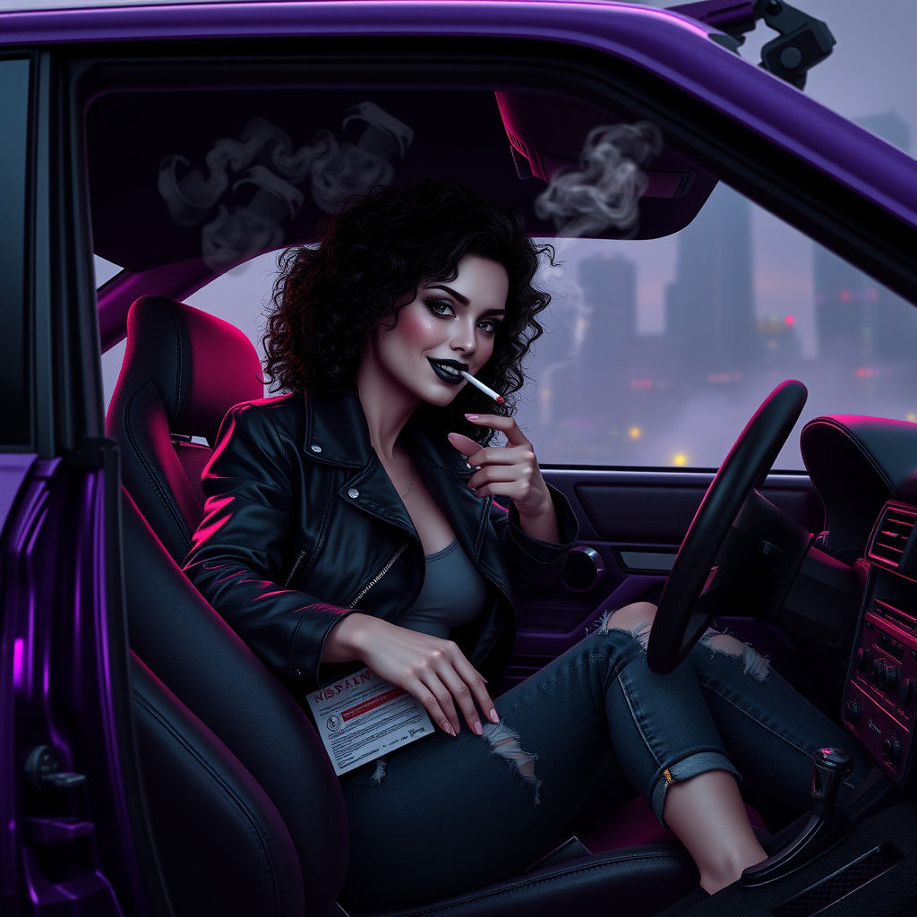 Cyberpunk Woman in Purple Skyline at Dusk