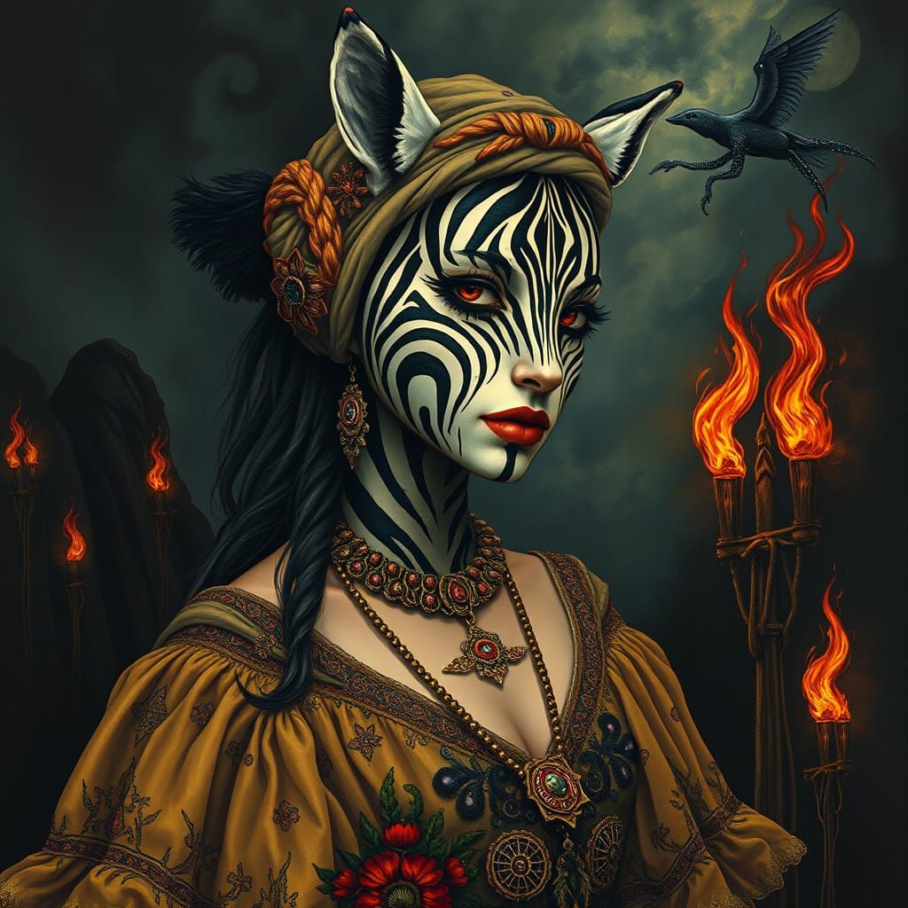Mystical Zebra Striped Goddess in Surrealist Dreamscape