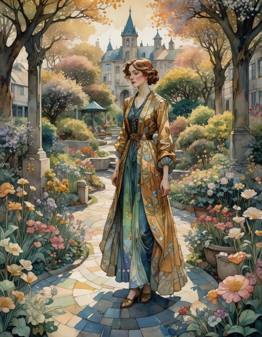 Art Nouveau Woman in Iridescent City Garden