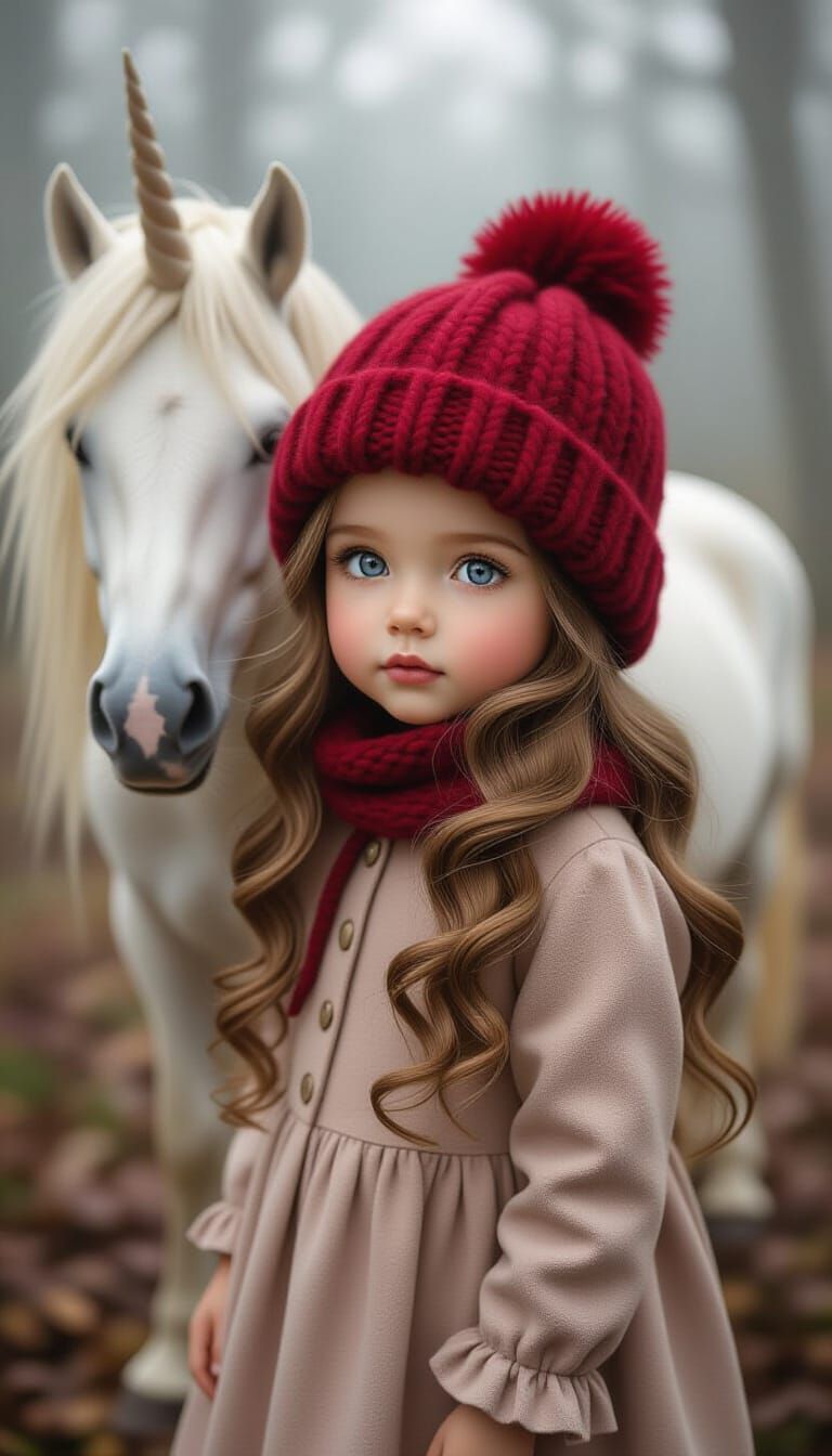 Realistic Girl with Mauve Hair and Unicorn in Magical Forest