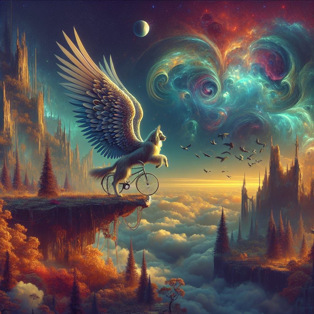 Winged Dog Rides Bicycle: Fantasy Concept Art