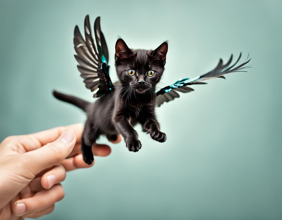Winged Black Cat Lands Gracefully