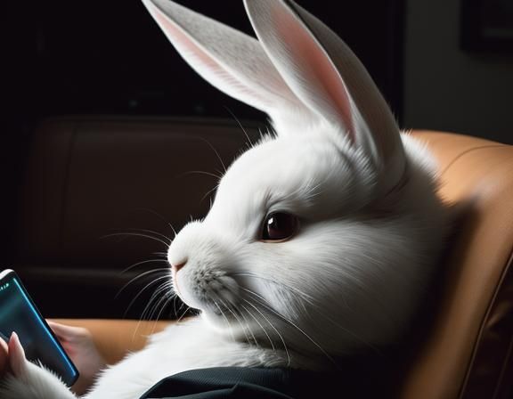 Anthropomorphic Rabbit Gazing at Phone in Dark Room