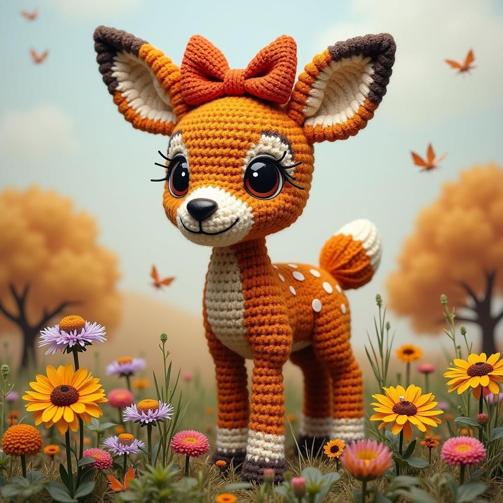 Crochet Fawn in Autumn Flower Meadow