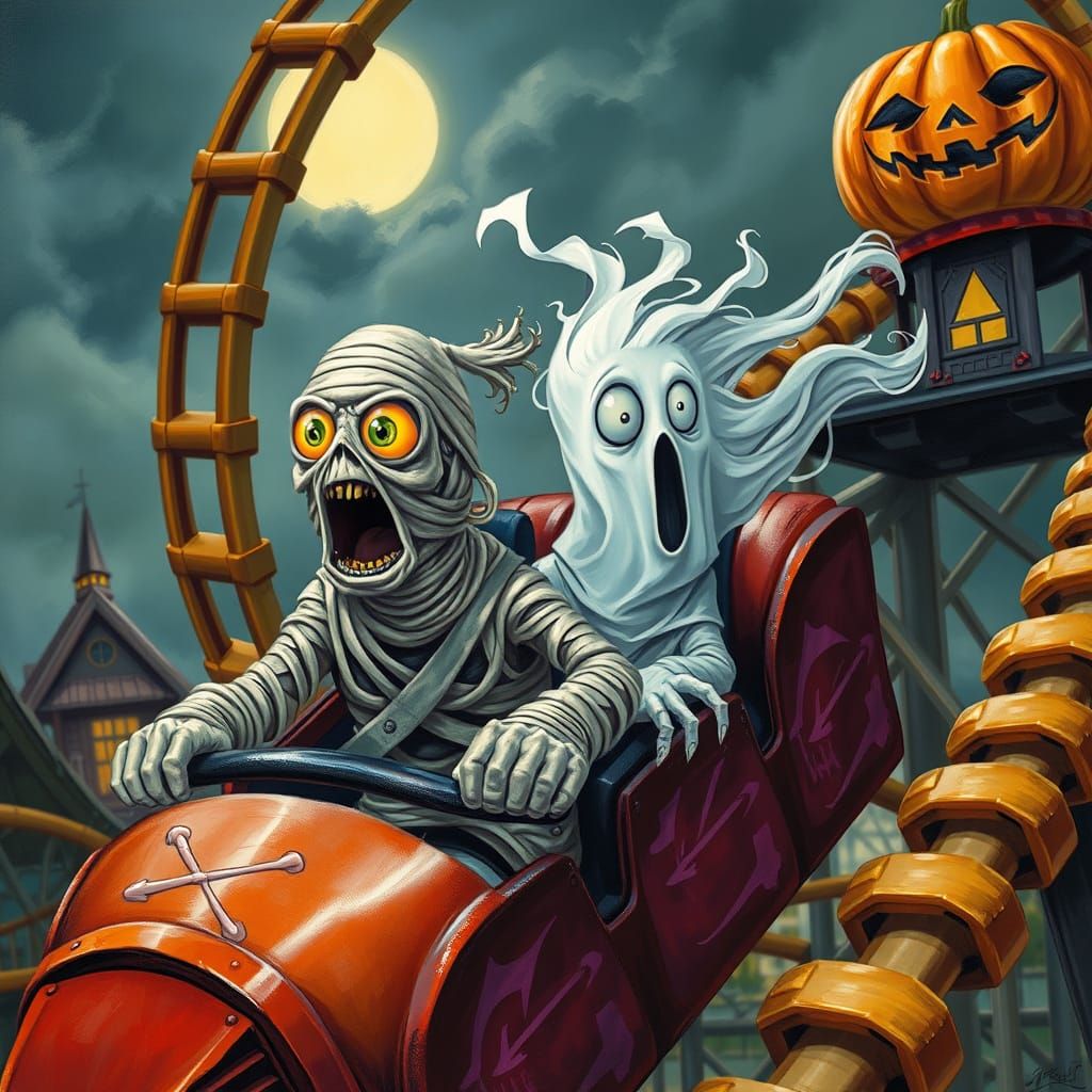 Screaming Mummy Ghost Rides Roller Coaster in Whimsical Hall...