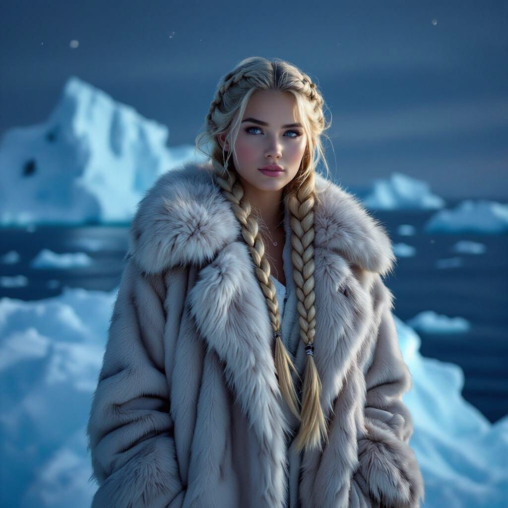 Blonde Girl in Fur Coat on Iceberg at Midnight