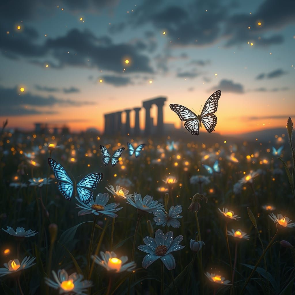 Surreal Magical Meadow at Twilight with Luminous Butterflies...