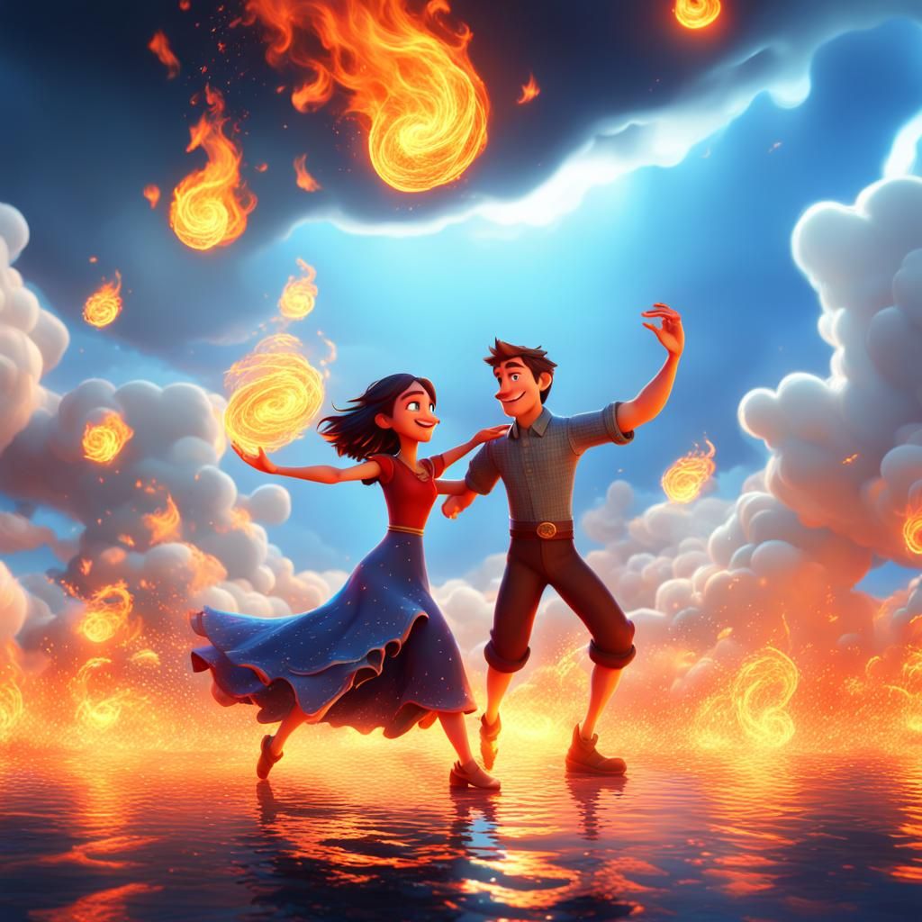 Water Girl and Fire Boy Dancing: 3D Digital Art
