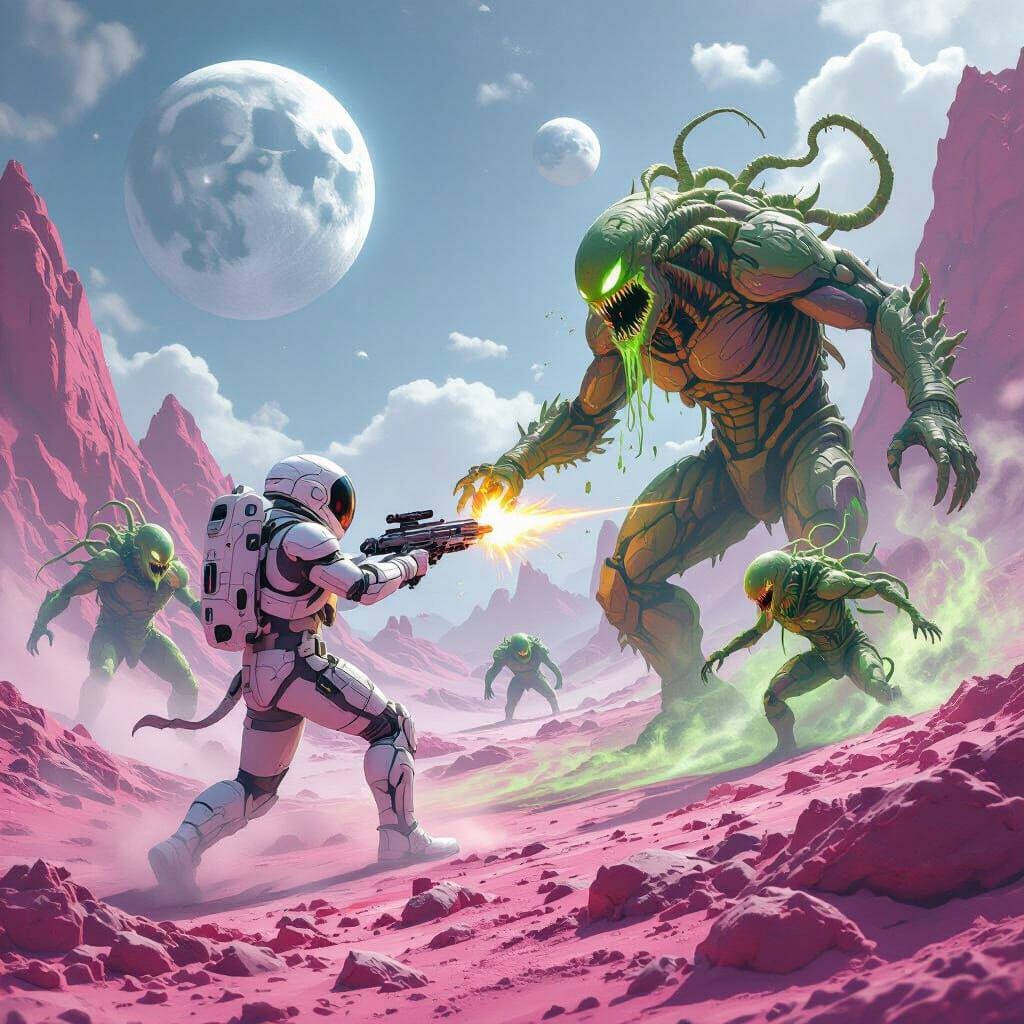 Spaceman vs. Monsters on Planet X in Marvel Style