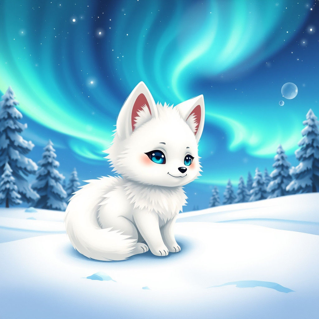 Chibi Arctic Fox Under Aurora Borealis