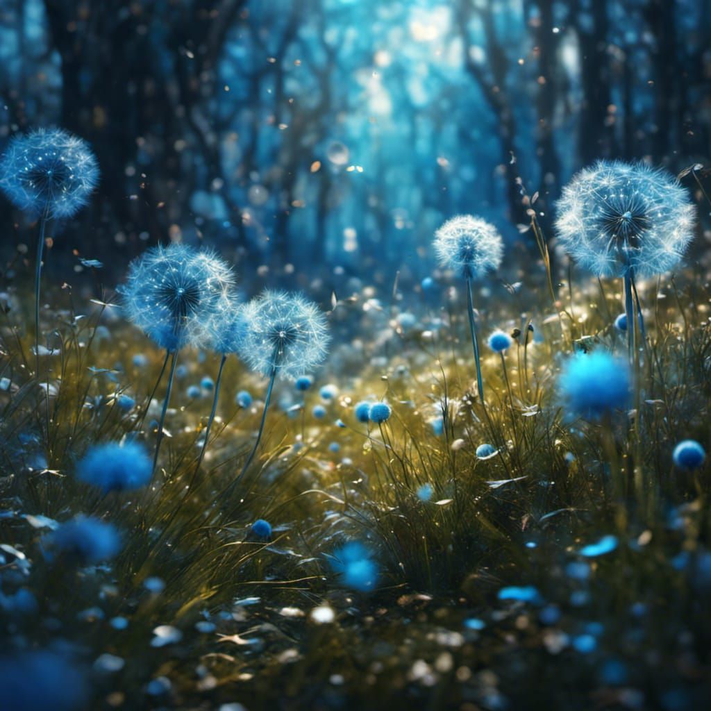 Iridescent Blue Dandelions in Whimsical Style