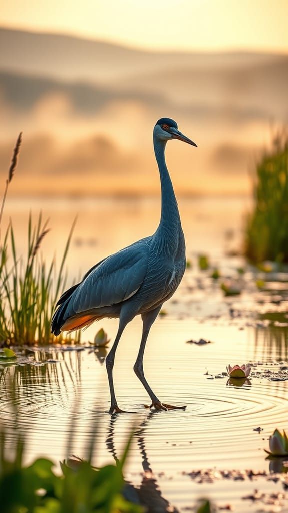 Elegant Blue Crane in Sunlit Wetland