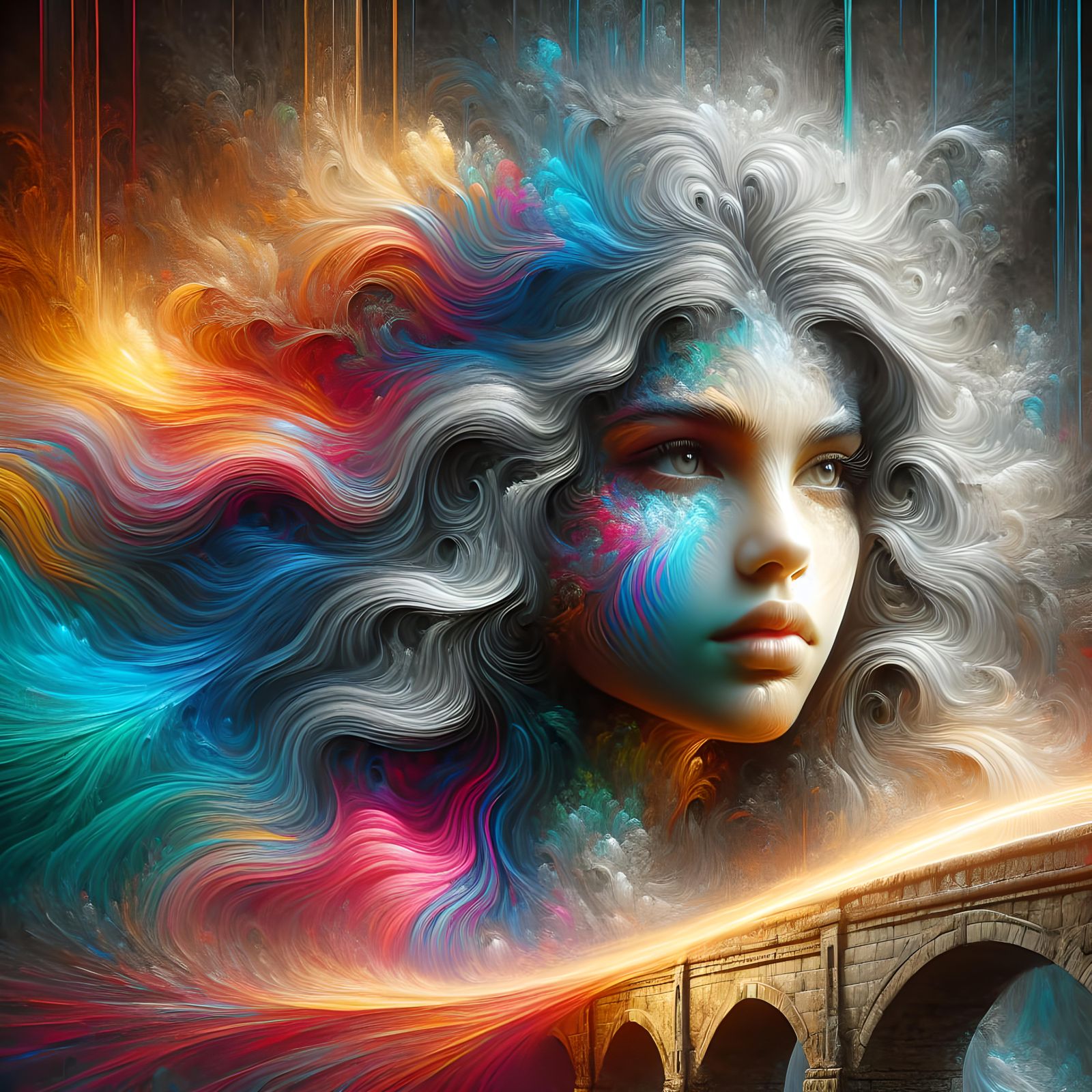 Beautiful Girl on Stone Bridge in Splash Art Style