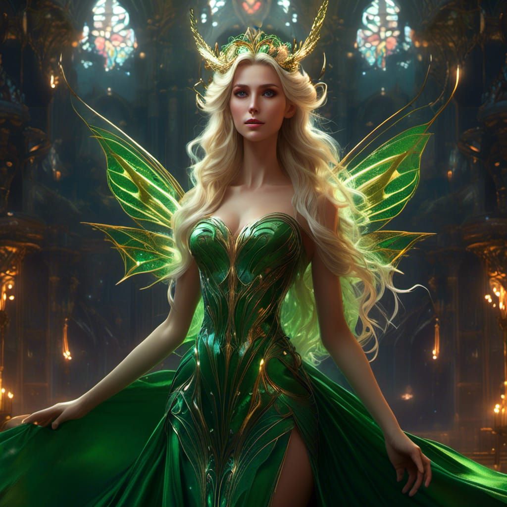 Holographic Fairy with Green Eyes in Dark Fantasy Art