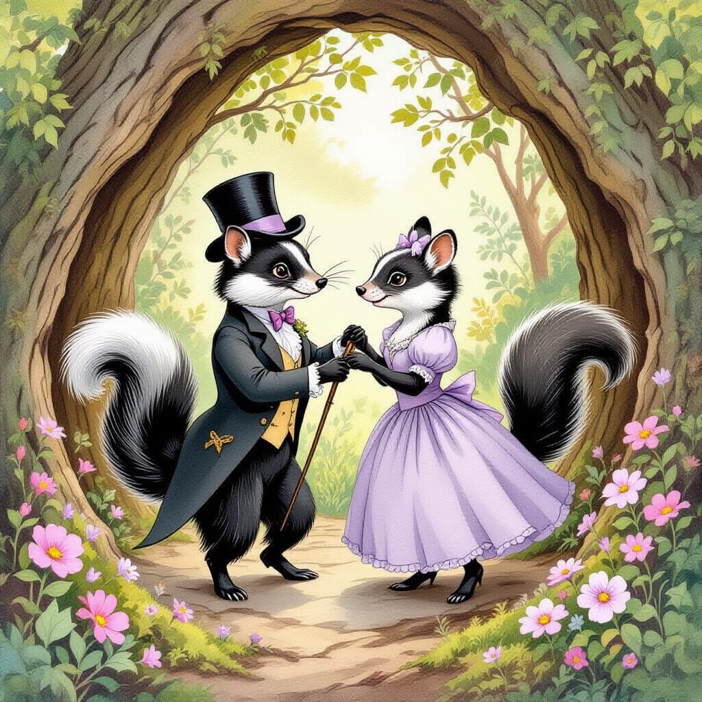 Skunks Dancing in a Hollow Tree, Beatrix Potter Style