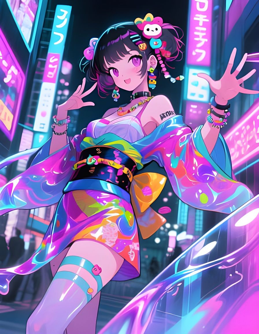Harajuku Girl in Dazzling Neon Lights Synthwave Style