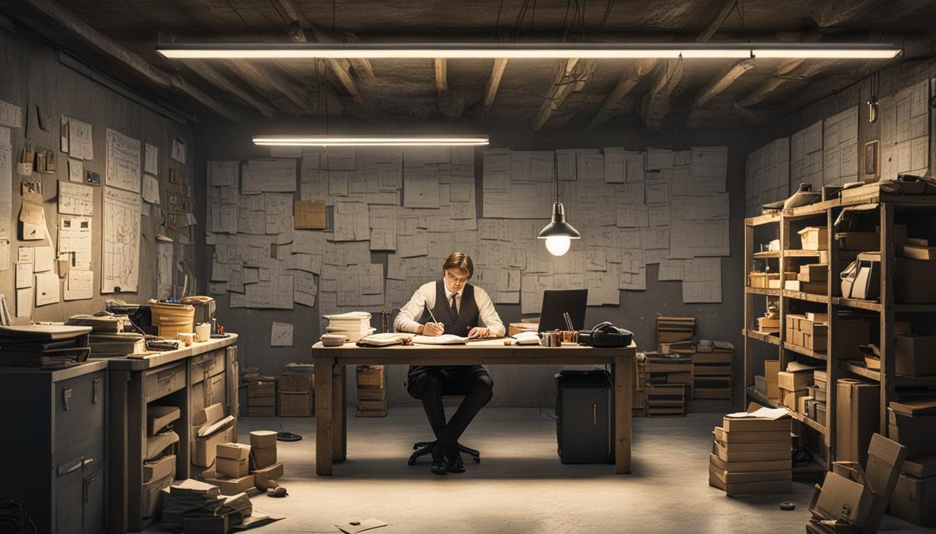 Detective's Garage Workspace with Cluttered Cork Boards