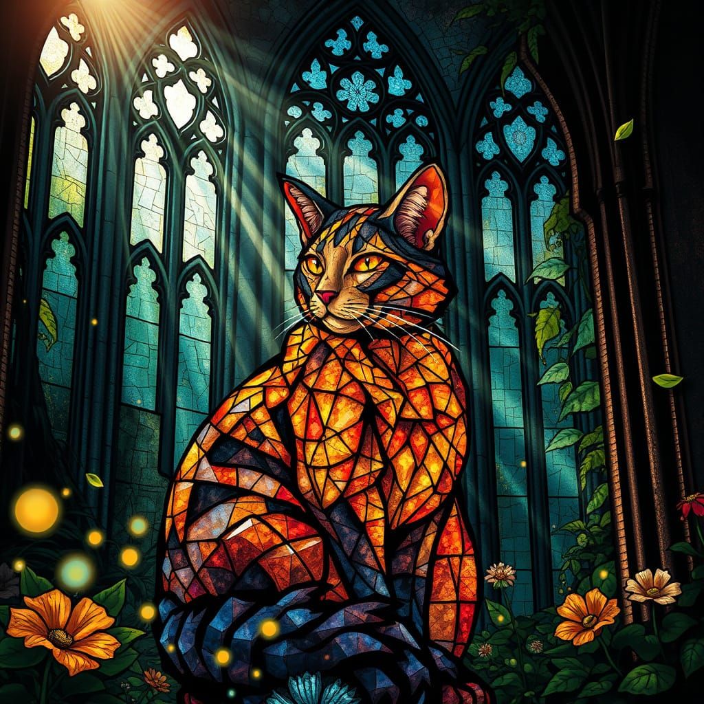 Glowing Stained-Glass Cat Mosaic in Art Nouveau Cathedral