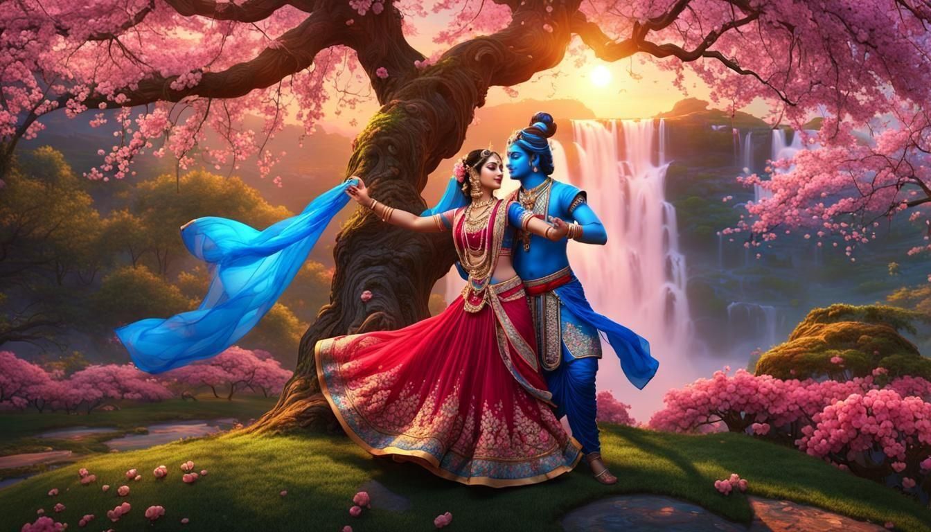 Krishna and Radha Dance Under Cherry Blossoms