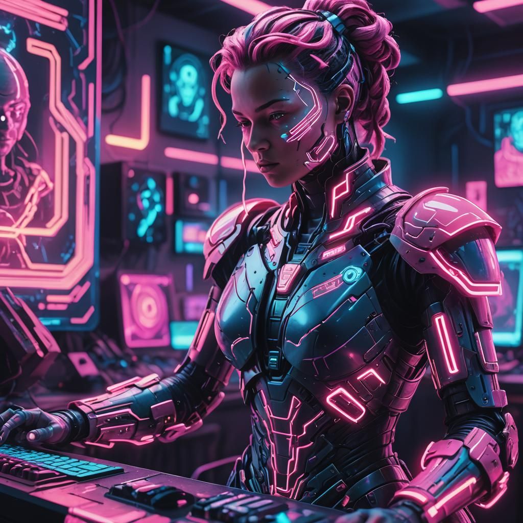 Cyberpunk Art Workshop: Glowing Statue in Neon Light