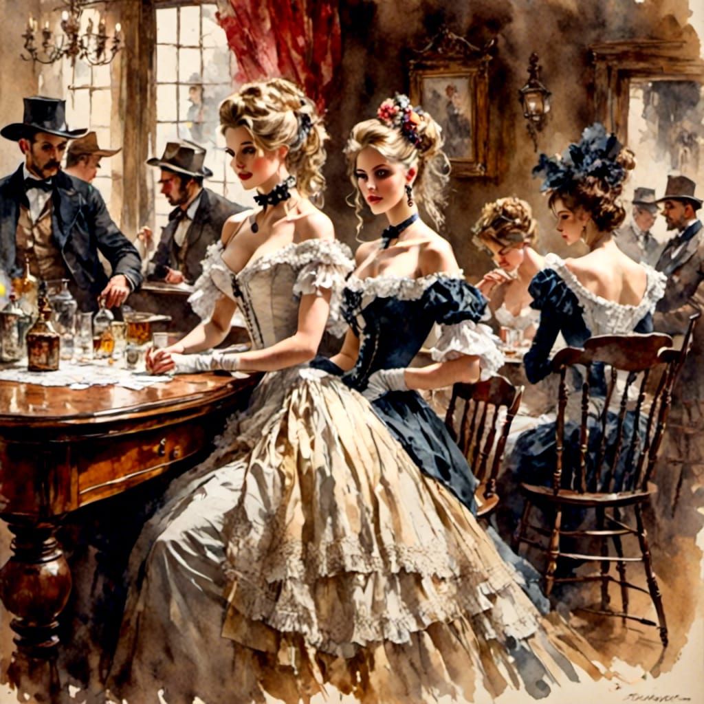 Dance Hall Girl in Old West Saloon Watercolor