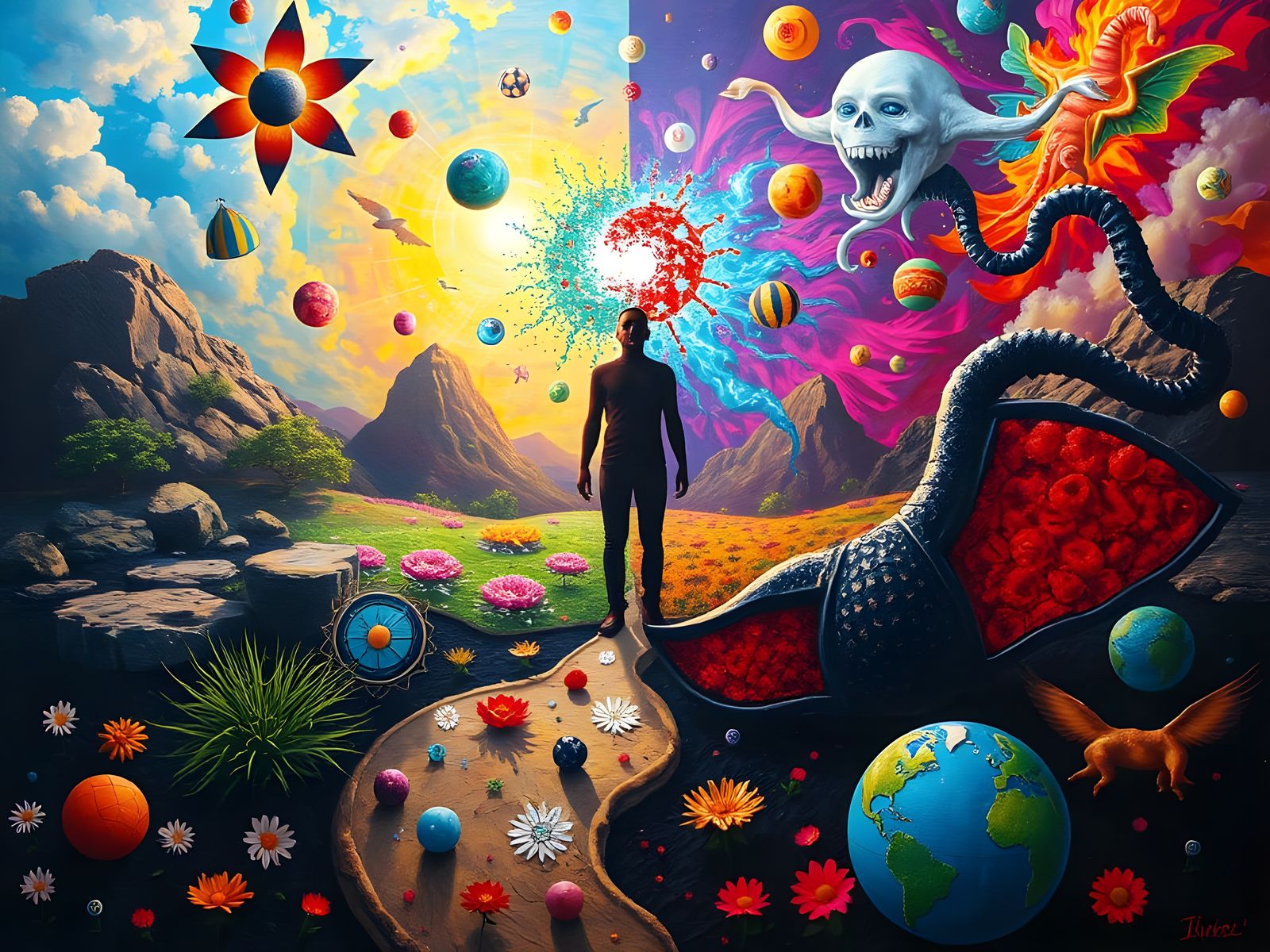 Surreal Duality Landscape with Serene Garden and Chaotic Aby...