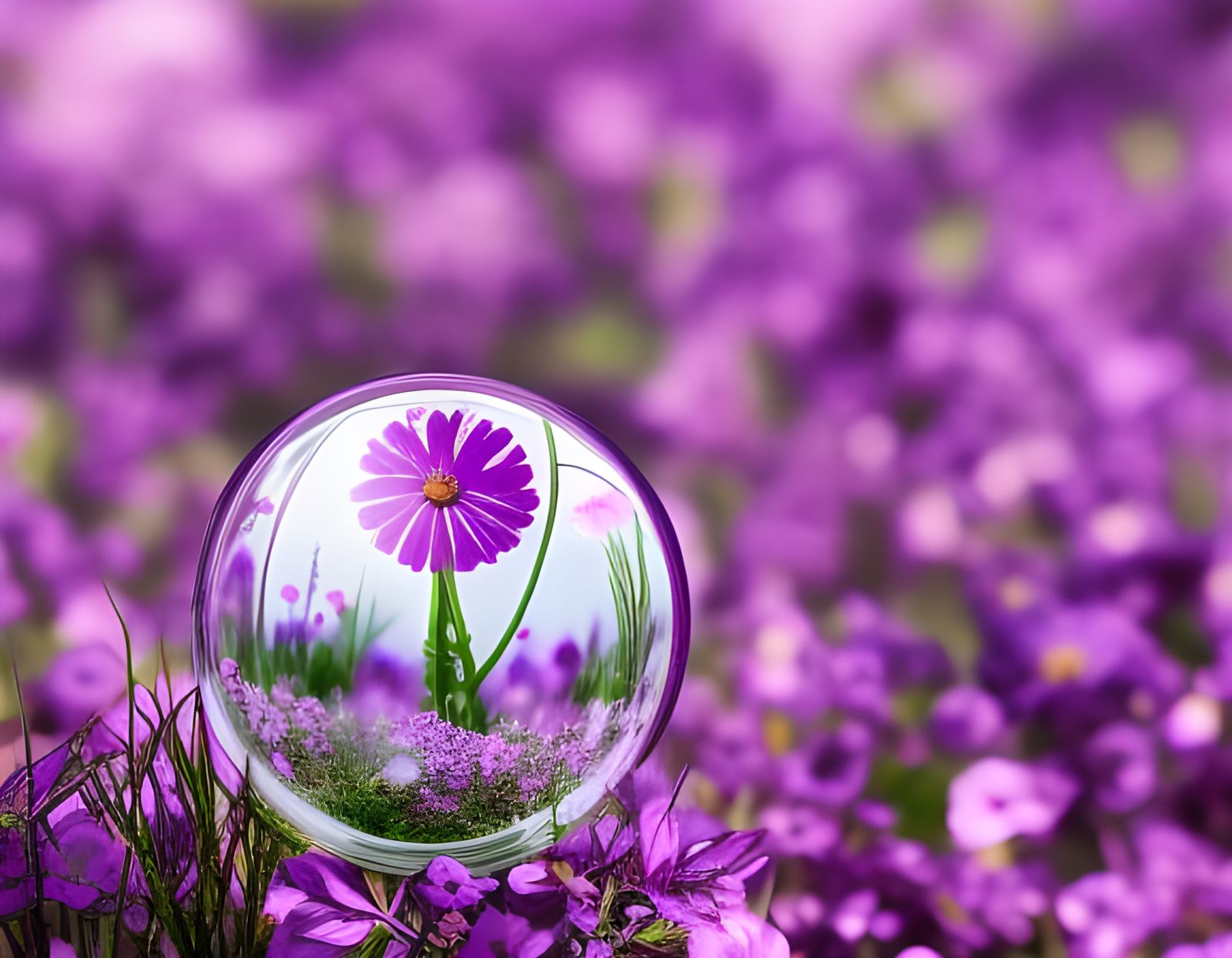 Purple Flowers in Glass Sphere Reflection
