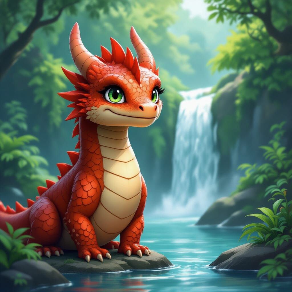 Friendly Dragon with Green Eyes by Waterfall