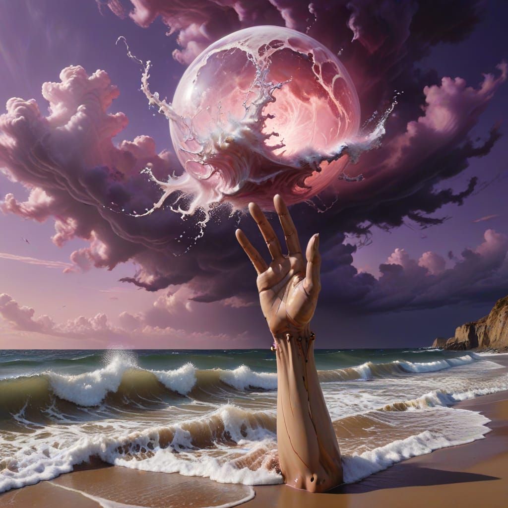 Surreal Mannequin Hand Reaching from Ocean Waves