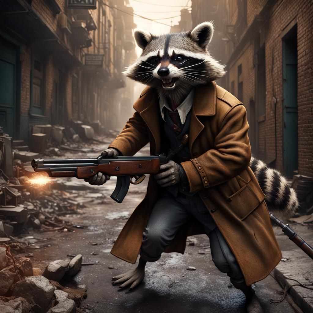 Raccoon Gangster Chase in Alleyway
