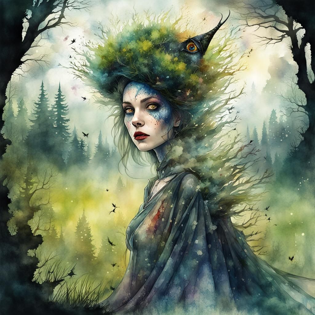Evil Enchantress in Forest, Digital Watercolour Illustration