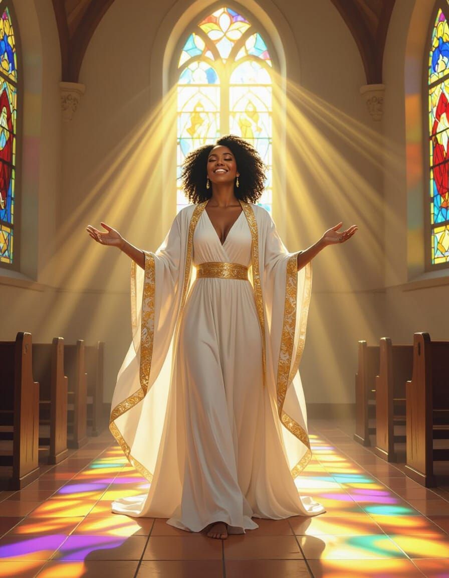 Joyful Black Woman in White and Gold Robes Embracing Light