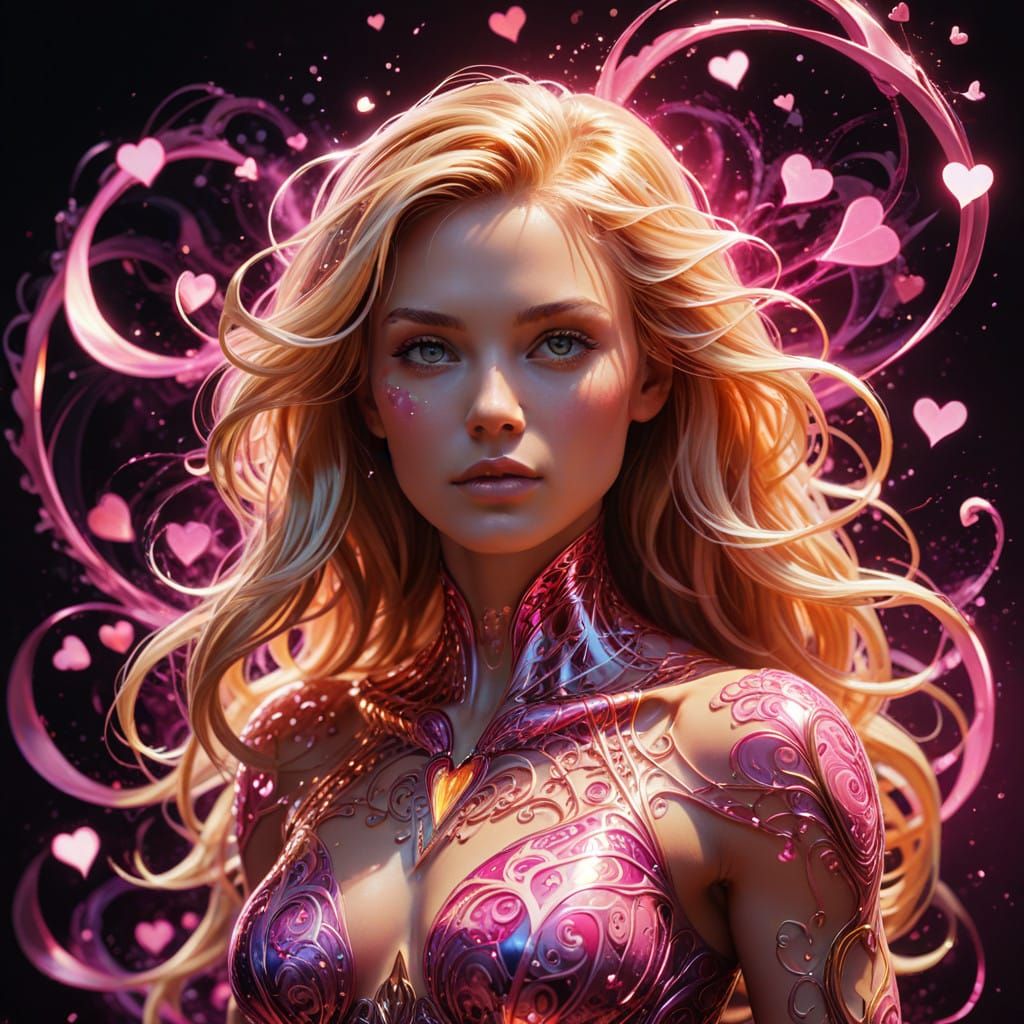 Hot blonde fit female with faceted pinks intense love tendrils powered energy powering her entire body filling the backg...