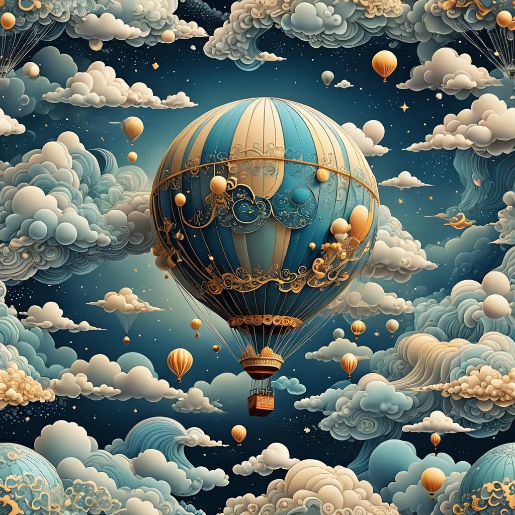 Hot Air Balloon Over Ocean at Night