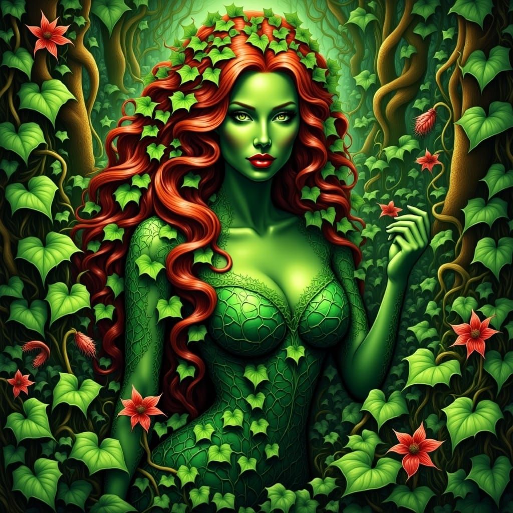 Poison Ivy: Jungle Goddess in Mythic Landscape