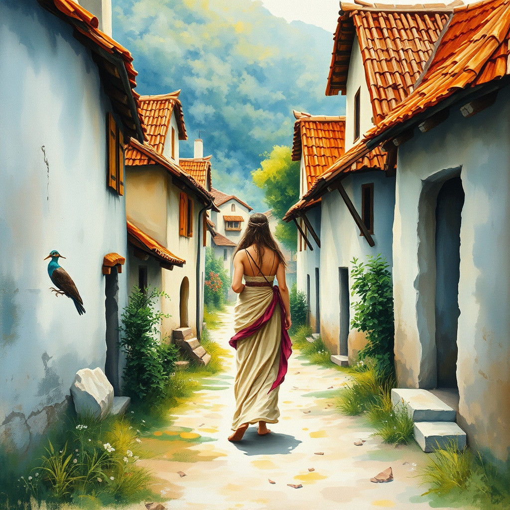Goddess Walking Through Village as Watercolor Painting