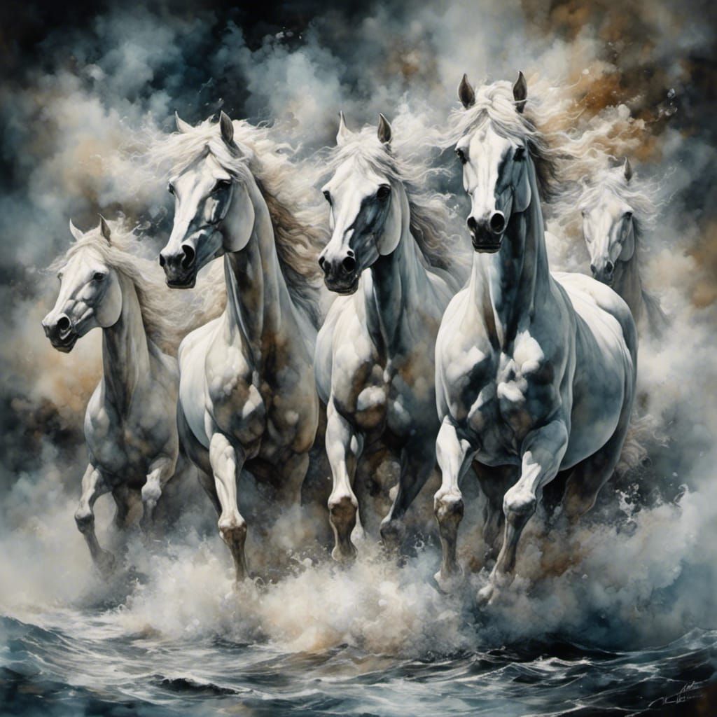 White Horses Emerge From Smoky Waves